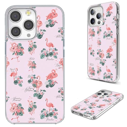 for iPhone 14 Pro Max Case for Women Girl,AKORAVO Full Protective Shockproof Slim Soft TPU Clear Phone Cover Cases Design for iPhone 14 ProMax,Cartoon Animal Bird Pink Flamingo Flower Floral Monstera - color: Flamingo Flower Floral Monstera
