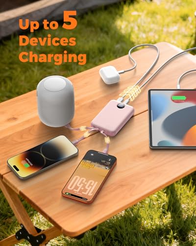 Portable Charger 10000mAh with 4 Built-in Cables 40% Smaller - color: Pink
