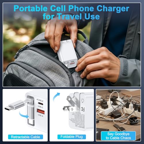 USB C Retractable Wall Charger with Foldable Plug,35W PD&QC Fast Charging Block with 3FT Retractable USB C Cords for iPhone 17 18 Pro Max/17/Air/16/16 Pro/15 Plus/Samsung Galaxy S25/S24/Pixel 10/9/8