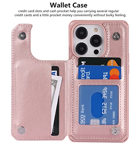 iCoverCase Compatible with iPhone 14 Pro Wallet Phone Case with Card Holder for Women, RFID Blocking Embossed PU Leather Wrist Strap Case 6.1 Inch (Heart Rose Gold) - color: H-Rose Gold