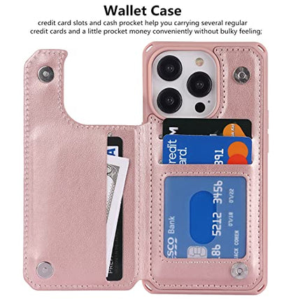 iCoverCase Compatible with iPhone 14 Pro Wallet Phone Case with Card Holder for Women, RFID Blocking Embossed PU Leather Wrist Strap Case 6.1 Inch (Heart Rose Gold) - color: H-Rose Gold