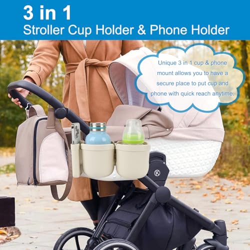 Accmor Stroller Cup Holder with Phone Holder, Bike Cup Holder, Universal Cup Holder for Uppababy Nuna Strollers, 2-in-1 Drinks Holder for Walker, Wheelchair, Scooter - color: Double Holder-All Off White