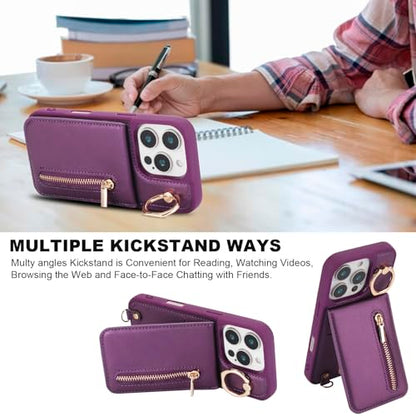 Crossbody Wallet Case for iPhone 12 Pro Max, with Card Slots Zipper Pocket Case, Flip Folio Purse RFID Blocking with Ring Kickstand Detachable Strap-Lavender - color: Lavender, size: iPhone 12 Pro Max(6.7")