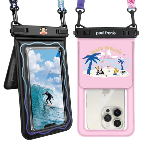 Paul Frank Floating Waterproof Phone Pouch - 2 Pack, Up to 8.5'' Double Space IPX8 Waterproof Phone Case with Lanyard for iPhone 17 16 15 Pro Max, Cellphone Dry Bag for Beach Vacation Essentials - color: [Black + Pink]
