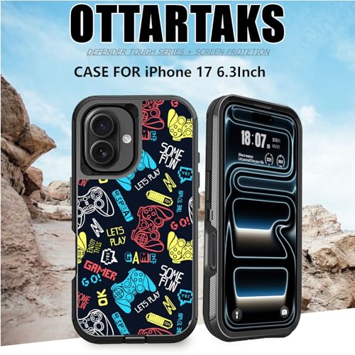 for iPhone 17 Case with Screen Protector Funny Game Men Boys Design, 3-Layer Full Body Rugged Shockproof Heavy Duty Protective Phone Case for iPhone 17, 6.3inch Blue - color: Blue