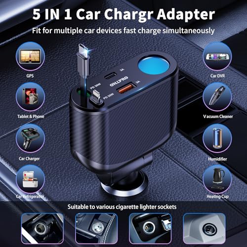 OHLPRO Retractable Car Charger Cigarette Lighter Adapter, 168W 5 in 1 Fast Phone Charging Built-in Replaceable Fuse, Socket Splitter with USB C and USB i Cord, Fit for Phone iPad Galaxy GPS, Black - size: USB-C+USB-i