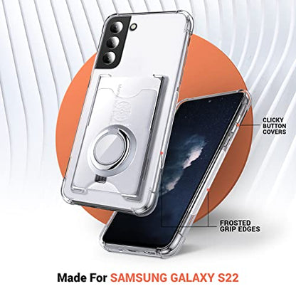 Shields Up for Samsung Galaxy S22 Case, Galaxy S22 Case, Minimalist Wallet Case with Card Holder and Ring Kickstand/Stand, [Drop Protection] Slim Protective Shockproof Cover for Samsung S22 - Clear | Minimalist Wallet Case, 3 Card Slots, 360° Rotation Rin