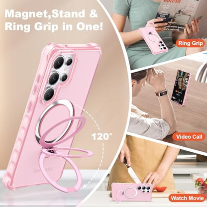 Compatible with Samsung Galaxy S25 Ultra Case 6.9'' Cute Wavy Frame with Magnetic Stand [Compatible with Mag-Safe] Military-Grade Translucent Phone Case for Women Girl, Pink - color: Pink, size: Samsung Galaxy S25 Ultra
