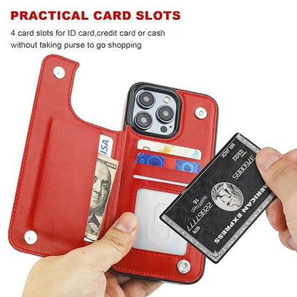 ONETOP for iPhone 15 Pro Max Wallet Case with Credit Card Holder,Red | Kickstand,ID/Cash Holder,Case Wallet with Card Slots,Double Magnetic Clasp,Durable PU Leather Shockproof Cover for Women Men - color: Red
