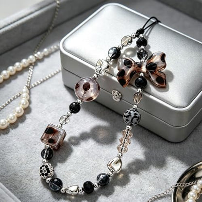 Cute Beaded Camera Wrist Strap for Phone, Digital Camera Charm Lanyard, Pearl Beaded Chain for Bag Keychain Gift - color: Bow Leopard