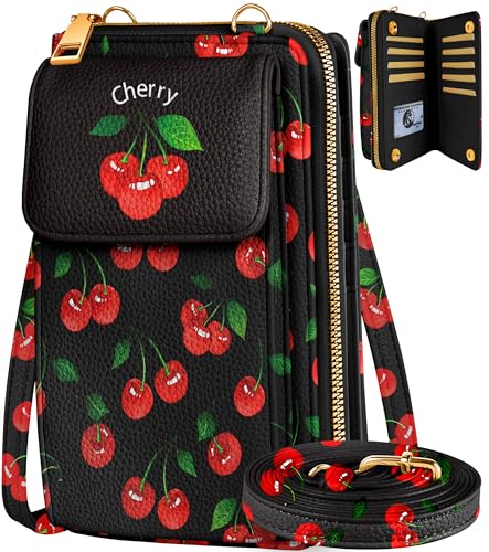 Leather Cell Phone Purse Crossbody Bag for Women | Adjustable Shoulder Strap, Card Slots, Secure Wallet Interior, Cute Pattern Styles, Small Carry for Travel and Daily Use - color: Cute Cherry