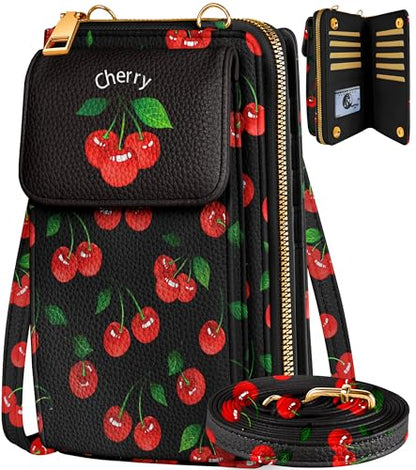 Leather Cell Phone Purse Crossbody Bag for Women | Adjustable Shoulder Strap, Card Slots, Secure Wallet Interior, Cute Pattern Styles, Small Carry for Travel and Daily Use - color: Cute Cherry