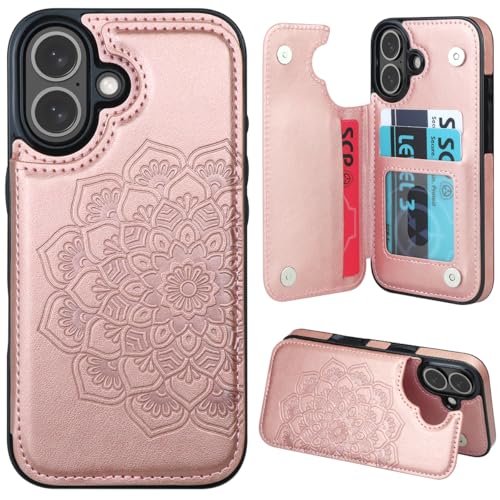 MMHUO for iPhone 16 Case with Card Holder, Flower Magnetic Clasp Flip Case for iPhone 16 Wallet Case for Women, Protective Case Phone Case for iPhone 16 (6.1 Inch),Rose Gold - color: Rose Gold, size: for iPhone 16 6.1"-(S)(Two Cameras)