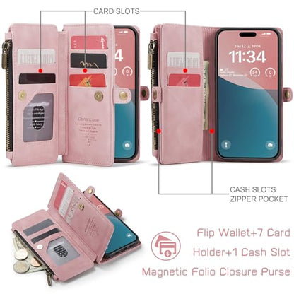 Defencase for iPhone 15 Pro Wallet Case with RFID Card Holder, Rose Pink | Durable Soft PU Leather, with Zipper Pocket, Wrist Strap, Fashion Snap Flip Phone Cases Cover with Stand for Women and Men - color: Pink