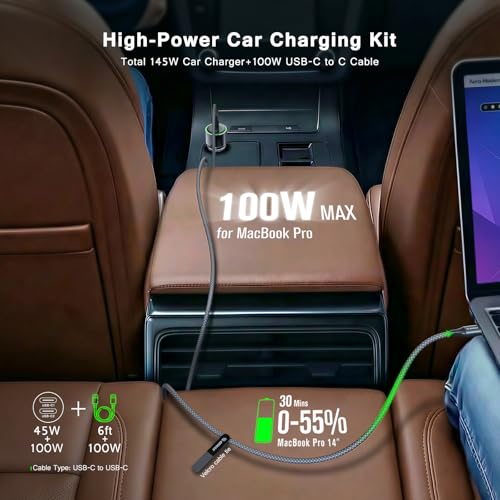 145W USB C Car Charger Charges Two Devices with 100W and 45W Outputs