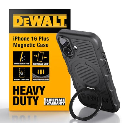 DEWALT iPhone 16 Plus Case, MagSafe Compatible, Military-Grade Drop Protection, 360° Rotatable Ring Holder & Kickstand, Heavy Duty Shockproof Nanobubble Cover for iPhone 16 Plus, Black - size: iPhone 16 Plus