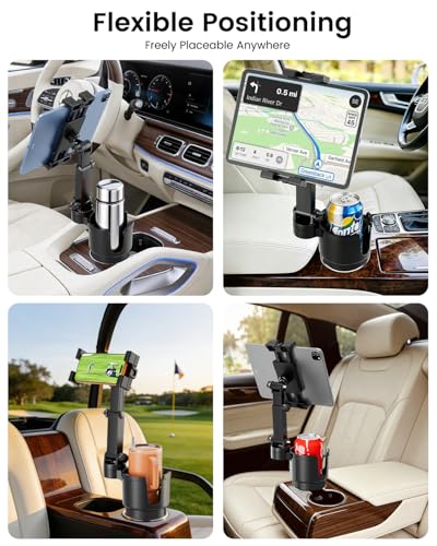 OHLPRO Cup Holder Tablet Mount for Car, Anti-Shake iPad Stand with Drink Holder Fits 4.7-12.9" iPad, Tab S10, iPhone, Heavy Duty Truck Vehicle Auto Accessories, Dual Handle Slots Large Mugs - size: 4.7-12.9'' Clamp+3.5''Cup