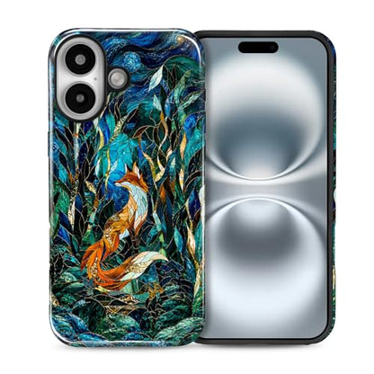 Case Compatible with iPhone 16, Cute Dual Layer Hybrid Phone Cover, Military Grade Drop Protection, Aesthetic Shockproof Phone Case for Women Girls, Woodland Fox Stained Glass - color: Woodland Fox Stained Glass, size: Iphone 16