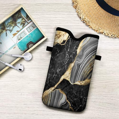 Universal Neoprene Cell Phone Pouch 7.1 X 4 in Mobile Protection Case Bag with Crossbody Strap/Neck Lanyard Black Marble Printed Pattern - color: Black Marble Printed Pattern