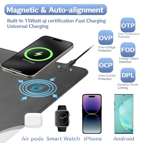 Magnetic Wireless Charging Mouse Pad, Office Desk Mat with Wireless Charger, Multifunctional Large Desk Pad with Non-Slip Base, Waterproof Leather Desk Pad for Gaming and Office Use(60X40cm)