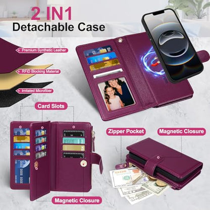 Magnetic Case for iPhone 16E Wallet Compatible with Magsafe RFID Blocking Card Holder Detachable Phone Cover Kickstand Snap Strap Zipper Pocket PU Leather (Burgundy) - color: Burgundy, size: iPhone 16e