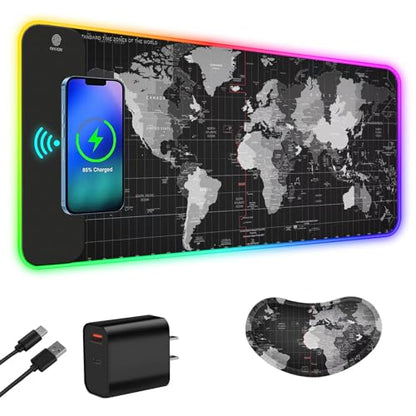 ToLuLu Wireless Charging RGB Gaming Mouse Pad, 15W Mouse Mat w/ 30W Charger - color: World Map