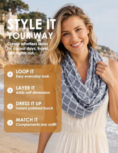 Pop Fashion Quatrefoil Pattern Infinity Scarf for Women - Travel Scarf with Hidden Pocket - All Seasons - color: Grey, size: 24.5 x 9.5