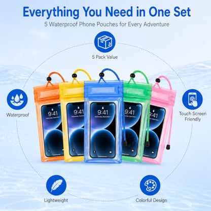 5 Pack 8.5" Multicolor Waterproof Phone Pouch, IP68 Universal Cell Phone Dry Bag Clear Case with Lanyard, Beach, Swimming, Cruise Ship Travel Essentials for iPhone 17 16 Pro Max,Samsung,and More
