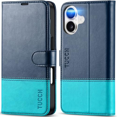 TUCCH Wallet Case for iPhone 17 (6.3") 2025, 4 Card Slots, Blue & Lake Blue | RFID Blocking, Viewing Stand, Shockproof TPU Shell, PU Leather, Magnetic Closure, Protective Folio Flip Cover - color: Two-tone Blue & Lake Blue