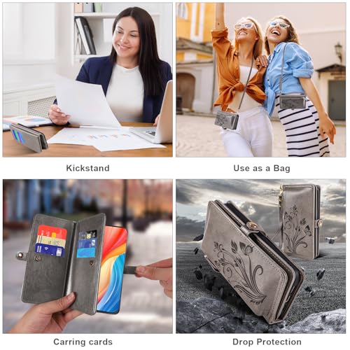 for Google Pixel 9 Pro XL/10 Pro XL Case Wallet,RFID Blocking Card Holder Zipper Leather Flip Cover Crossbody Wrist Strap with Stand (Floral Gray) - color: Floral Gray