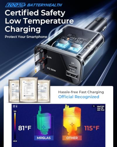 Retractable Car Charger for iPhone 18, 69W 4 in 1 USB C Car Charger