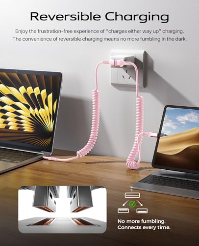 90 Degree USB A to USB C Cable Coiled, 3FT USB C Cable 3A Fast Charging - color: Pink, size: 3FT