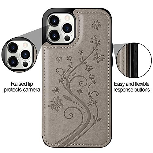 HianDier Wallet Case Compatible with iPhone 12 Pro MAX Case 5G 6.7-inch Slim Protective with Credit Card Slot Holder Flip Folio Soft PU Leather Magnetic Closure Cover, Butterfly Gray - color: Butterfly Gray