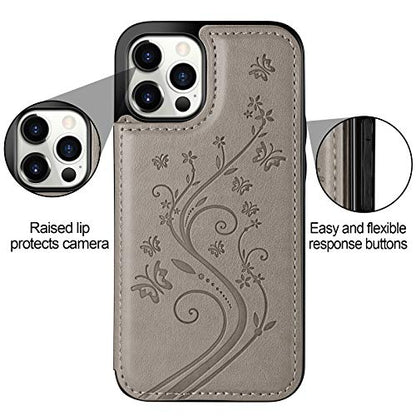 HianDier Wallet Case Compatible with iPhone 12 Pro MAX Case 5G 6.7-inch Slim Protective with Credit Card Slot Holder Flip Folio Soft PU Leather Magnetic Closure Cover, Butterfly Gray - color: Butterfly Gray