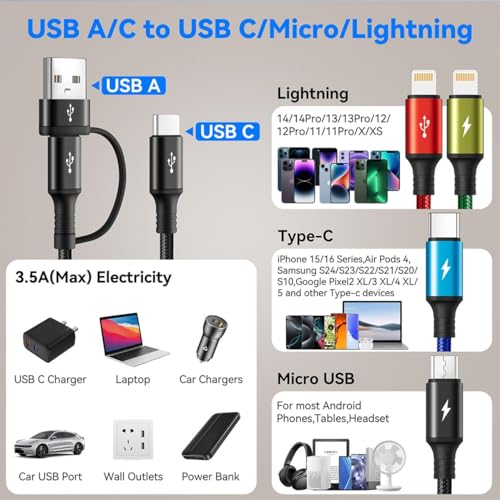 Minlu 6 in 1 Multi Charging Cable, USB A/USB C Charger Cable, 2 Pack 6Ft - size: 6 ft