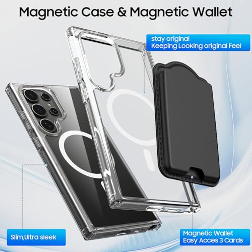 Magnetic for Samsung Galaxy S24 Ultra Wallet Case with Card Holder﻿ | Compatible with MagSafe, Shockproof Phone Cover with Detachable RFID Blocking Card Slot, Clear & Black - color: Clear with Black, size: S24 Ultra 6.8"