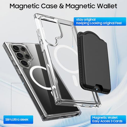 Magnetic for Samsung Galaxy S24 Ultra Wallet Case with Card Holder﻿ | Compatible with MagSafe, Shockproof Phone Cover with Detachable RFID Blocking Card Slot, Clear & Black - color: Clear with Black, size: S24 Ultra 6.8"