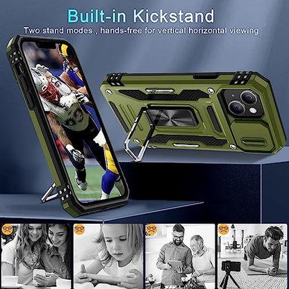 DEERLAMN Case for iPhone 13/iPhone 14 6.1-Inch with Slide Camera Cover+Screen Protector(2 Packs),Rotated Ring Kickstand Military Grade Shockproof Protective Cover-Olive Green - color: Olive Green