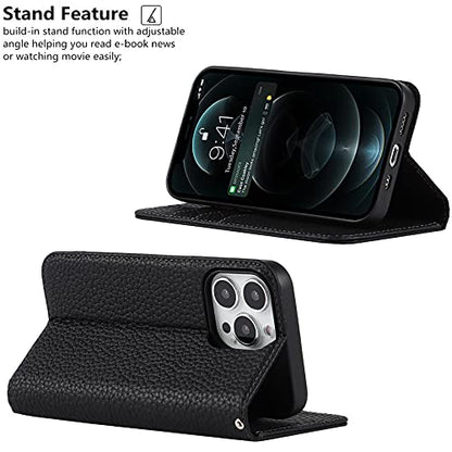 iCoverCase Compatible with iPhone 13 Pro Wallet Case with Credit Card Holder and Wrist Strap, RFID Blocking Genuine Leather Flip Magnetic Phone Cover 6.1 Inch (All Black) - color: 1-All Black (No Headphone Storage Belt), size: iPhone 13 Pro
