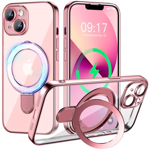 Magnetic for iPhone 13 Case with Invisible Stand[Compatible with MagSafe][Full Camera Lens Protector][Military Drop Protection] Shockproof Not Yellowing Clear Soft Slim for Women Men, Pink - color: Pink, size: iPhone 13