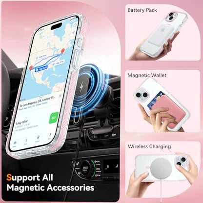 GUAGUA Magnetic for iPhone 15 Case, [Compatible with Magsafe] Military Shockproof Protective Bumper Cute Transparent Slim Anti-Yellowing Phone Cover for iPhone 15 6.1", Clear Pink - size: iPhone 15