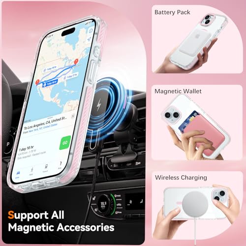 GUAGUA Magnetic for iPhone 14 Case & iPhone 13 Case, [Compatible with Magsafe] Military Shockproof Protective Bumper Cute Transparent Slim Anti-Yellowing Phone Cover for iPhone 14/iPhone 13,Clear Pink - size: iPhone 14/iPhone 13