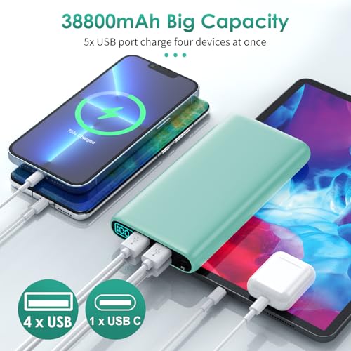 Portable Charger 38800mAh,LCD Display Power Bank,5 USB Outputs Battery Pack Backup, USB-C 3A in&out Travel Essential Portable Phone Charger For iPhone 18/17/16/15/14 Pro,Android Samsung Galaxy-Green - color: Green