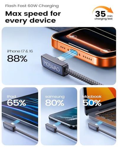 MOSWAG 90 Degree USB C to C Cable 60W 2Pack 6.6ft Fast Charging Right Angle - size: 6.6FT+6.6FT