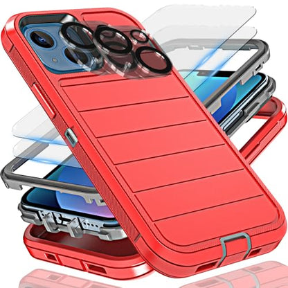 YmhxcY for iPhone 13 Case, 2X Glass Screen and Camera Protector, 3 in 1 Heavy Duty Shockproof Drop Protection Stripe Rubber Cover for 13 6.1"-Red/Gray - color: Red/Gray
