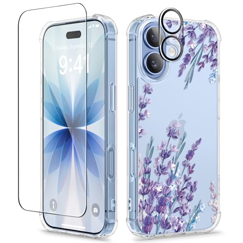GVIEWIN for iPhone 17 Case Floral, Slim Clear Non-Yellowing | Shockproof Protective, Screen Protector+Camera Lens Protector, Women Phone Case for iPhone 17 6.3", Light Lavender - color: Light Lavender/Purple