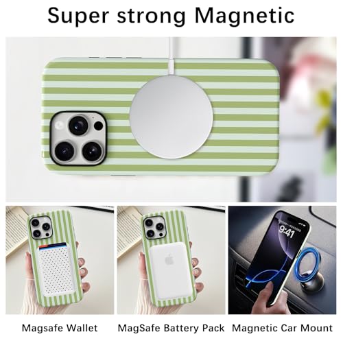 Skyseaco Compatible with iPhone 14 Pro Max Case with MagSafe, Cute Striped Phone Case for Women Girls, Soft TPU + Hard PC Dual Layer Shockproof Glossy Protective Cover, Sage Green - color: Sage Green, size: iPhone 14 Pro Max