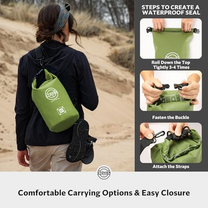 STOVER 5/10/25/30/40L Waterproof Dry Bag, Small Lightweight Roll Top Dry Bag Backpack w/Waterproof Phone Case, Kayaking, Travel, Hiking, Fishing, Tubing, Camping, the Beach, Men/Women (Green) - color: 5/10l Green, size: 5L