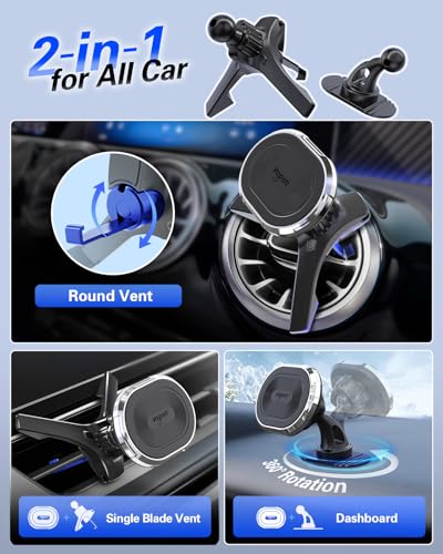 volport Magnetic Phone Mount for Car [Vent & Dashboard]: Strong Magnet Holder for Mercedes Benz Mini Cooper Round/Horizontal/Vertical Air Vent, for iPhone Samsung Big Heavy Cell Phone Case & Tablets