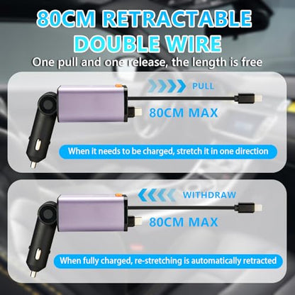 Retractable Car Charger,5 in 1 Fast Cars Phone Charger 60w,Bluetooth 5.3 FM Transmitter Adapter,Handsfree Call,MP3 Player,2 Retractable Cables and USB Chargers, for Phone,Galaxy,Pixel (Purple) - color: Purple